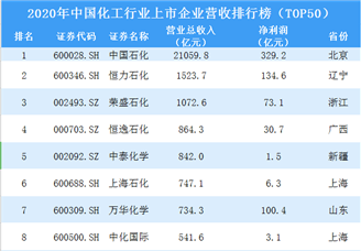 2020年中国化工行业上市企业营收排行榜TOP50