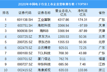 2020年中国电子行业上市企业营收排行榜TOP50