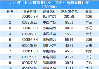 2020年中国公用事业行业上市企业净利润排行榜TOP50