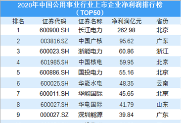 2020年中国公用事业行业上市企业净利润排行榜TOP50