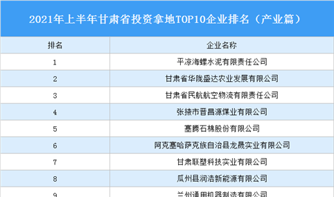 产业地产投资情报：2021年上半年甘肃省投资拿地TOP10企业排名（产业篇）