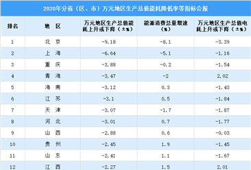 2020年中國萬元地區生產總值能耗降低率公報：北京降幅最大（圖）