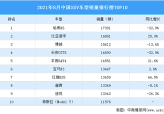2021年8月中国SUV车型销量排行榜TOP10（附榜单）