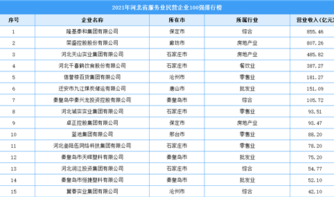 2021年河北省服务业民营企业100强排行榜（附全榜单）