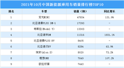 2021年10月中國新能源乘用車銷量排行榜TOP10（附榜單）