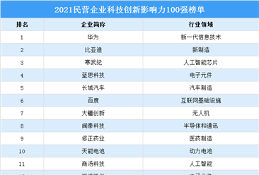 2021中国民营企业科技创新影响力百强企业排行榜（附榜单）