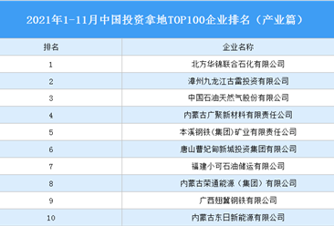 产业地产投资情报：2021年1-11月中国投资拿地TOP100企业排行榜（产业篇）