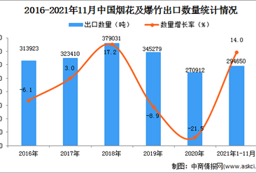2021年1-11月中國煙花及爆竹出口數據統計分析