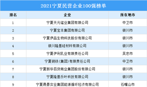 2021宁夏民营企业100强排行榜（附榜单）