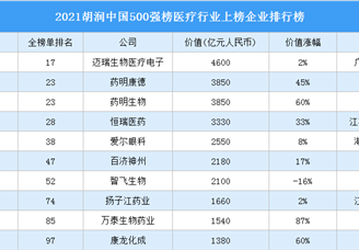 2021胡润中国500强榜医疗行业上榜企业排行榜（附榜单）