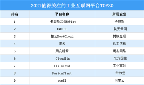 2021值得关注的工业互联网平台TOP30(附榜单）