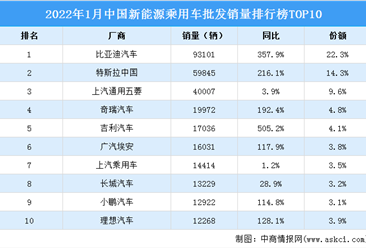 2022年1月中國新能源乘用車批發銷量排行榜TOP10（附榜單）