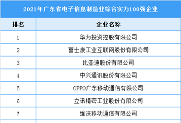 2021年广东省电子信息制造业综合实力100强企业
