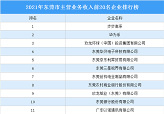 2021年东莞市主营业务收入前20名企业排行榜（附榜单）