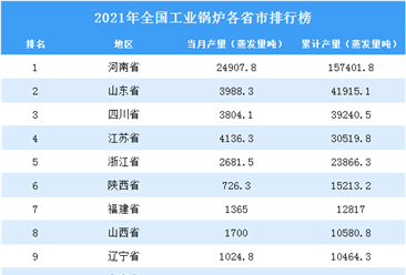 2021年全国各地工业锅炉产量排名：广东省排名第一（图）