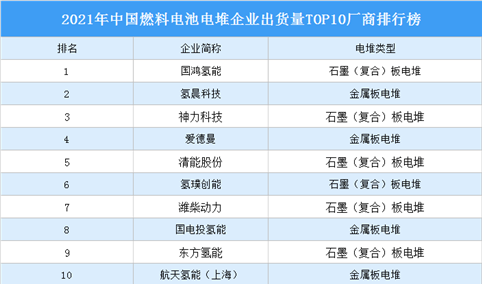 2021年中国燃料电池电堆企业出货量TOP10厂商排行榜