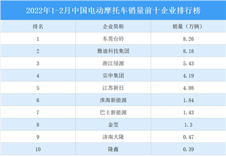 2022年1-2月中国电动摩托车销量前十企业排行榜（附榜单）