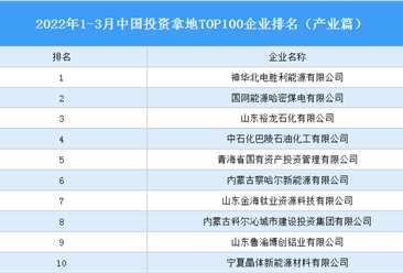 產業投資情報：2022年1-3月中國投資拿地TOP100企業排行榜（產業篇）