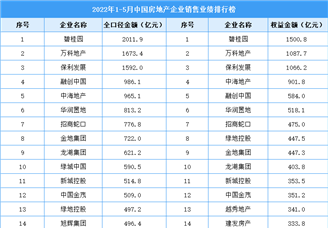 2022年1-5月中国房地产企业销售业绩排行榜TOP100
