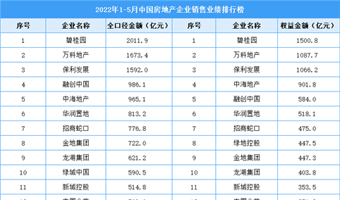 2022年1-5月中国房地产企业销售业绩排行榜TOP100