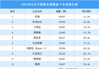 2022年6月中国轿车销量前十车型排行榜（附榜单）