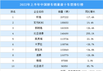 2022年上半年中国轿车销量前十车型排行榜（附榜单）