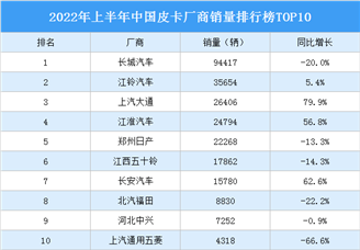 2022年上半年中国皮卡厂商销量排行榜TOP10（附榜单）