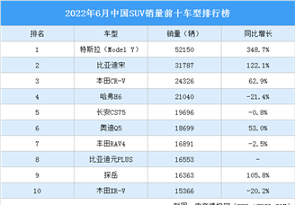 2022年6月中国SUV销量前十车型排行榜（附榜单）