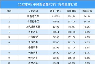 2022年6月中国新能源汽车厂商销量排行榜（附榜单）