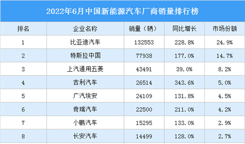 2022年6月中国新能源汽车厂商销量排行榜（附榜单）