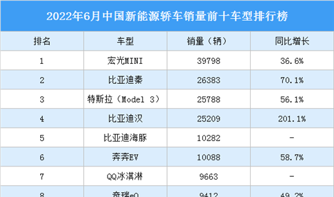 2022年6月中国新能源轿车销量前十车型排行榜（附榜单）