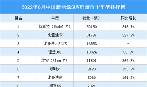 2022年6月中国新能源SUV销量前十车型排行榜（附榜单）