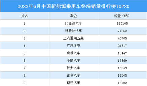 2022年6月中国新能源乘用车终端销量排行榜TOP20（附榜单）