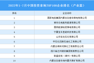 產業投資情報：2022年1-7月中國投資拿地TOP100企業排行榜（產業篇）