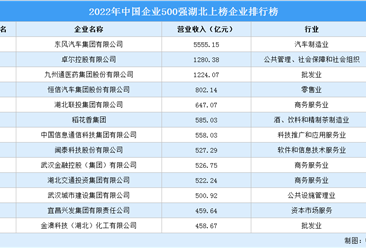 2022年中国企业500强湖北上榜企业排行榜（附榜单）