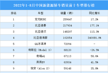 2022年1-8月中国新能源轿车销量前十车型排行榜（附榜单）