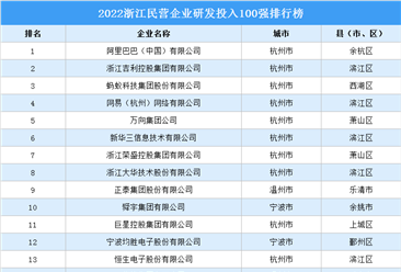 2022浙江省民营企业研发投入100强排行榜（附榜单）