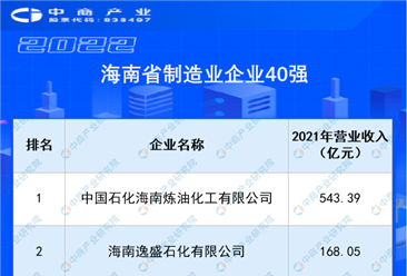 2022年海南省制造業企業40強榜單