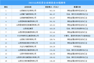 2022山西省民營企業制造業30強排行榜（附榜單）