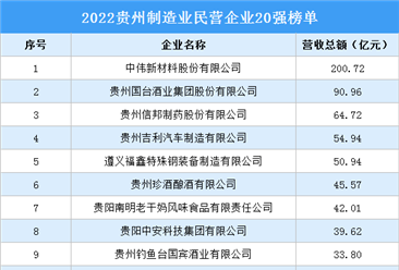2022贵州制造业民营企业20强排行榜
