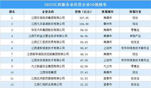 2022江西服务业民营企业20强榜单