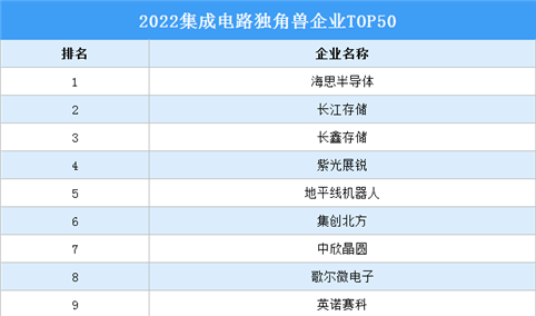 2022集成电路独角兽企业TOP50榜单（附榜单）