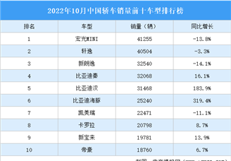 2022年10月中国轿车销量前十车型排行榜（附榜单）