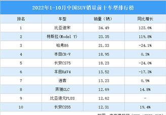 2022年1-10月中国SUV销量前十车型排行榜（附榜单）