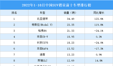 2022年1-10月中国SUV销量前十车型排行榜（附榜单）