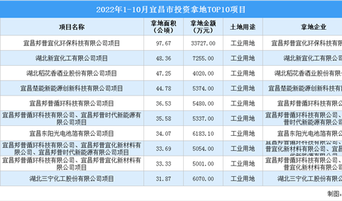 产业招商情报：2022年1-10月宜昌市投资拿地TOP10项目