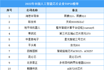 2022年中國人工智能芯片企業TOP50（附全榜單）