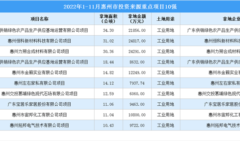 产业招商情报：2022年1-11月惠州市投资来源重点项目10强