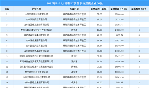 产业投资情报：2022年1-11月潍坊市投资拿地规模企业50强