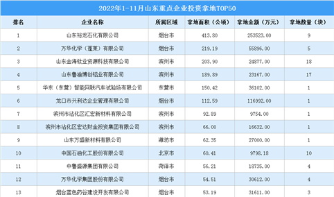 产业投资情报：2022年1-11月山东重点企业投资拿地TOP50